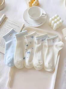 5 Pairs Cute Cartoon Puppy, Letter, Bow Breathable Women's Thin Ankle Socks For Summer - Multicolor - View 4