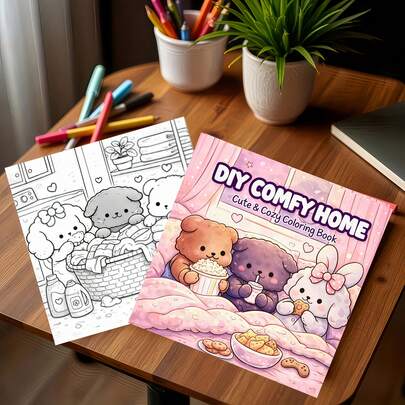 一本温馨可爱的日常生活涂色书，包含舒适、温暖、萌趣的图画，描绘了各种可爱的角色。适合成人减压、儿童绘画启蒙以及亲子互动。是儿童节、圣诞节、万圣节、复活节、家庭聚会、生日等各种场合的完美礼物之选。