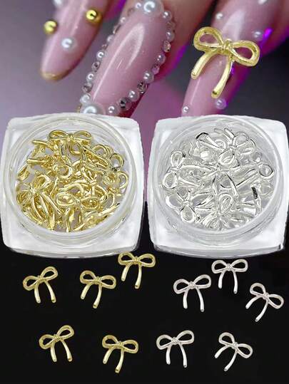 1 Box Of Gold & Silver Metal Cute Bow NailArt Decorations - Bow Design, Japanese-Style Nail Art Accessories, DIY Nail Salon,Nail Art Supplies, Nail Art Gems