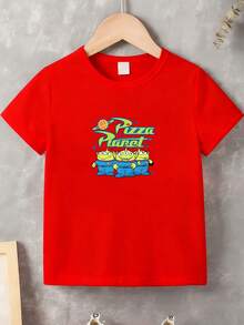 Disney-Full Of Childlike Charm! Toy Story 3's Eevee Pizza Planet Parent-Child T-Shirt, Unisex Baby Pure Cotton Loose Short Sleeve Retro Checkered Cartoon Top - 紅色 - 查看 3