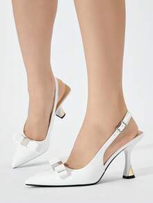 Women's Pointed Toe High Heel Shoes With Bow Decor, Suitable For Banquet, Party, Outdoor, Dating, Birthday, Daily Commute, Wedding, Versatile With Dresses, Spring/Summer/Autumn/Winter, White PU Leather Pumps - White - View 4