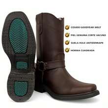 CHOOPER STYLE COWBOY BOOT WITH LEATHER RINGS RODEO MEN'S MOTORCYCLE WITH ANTI-SKID RUBBER SOLE - Chocolate Brown - View 2