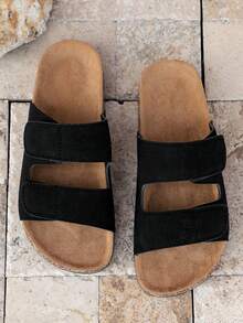Unisex Summer Slippers, Fashionable Two-Strap Design, Letter Decor On Upper, Minimalist Style, Soft Cork Sole, Comfortable For Outdoor And Beach Wear - Black - View 4