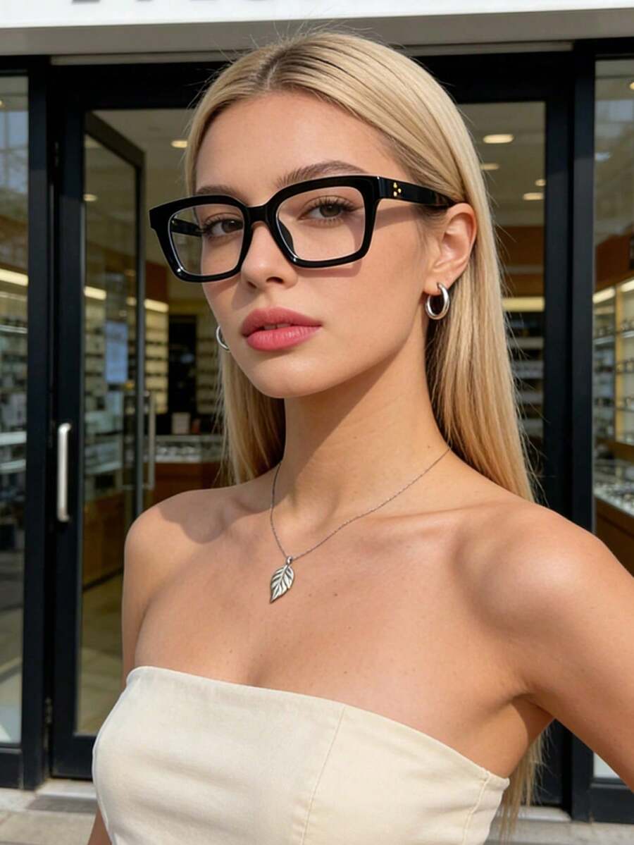 1 pièce Lunettes unisexes carrées Y2K mignonnes à verres plats rétro pour usage quotidien - noir brillant - Voir 1