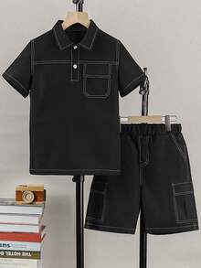 2pcs/Set Boys' Casual Outdoor Summer Cargo Style Style Black Base Striped Polo Shirt And Shorts Set - Black - View 1