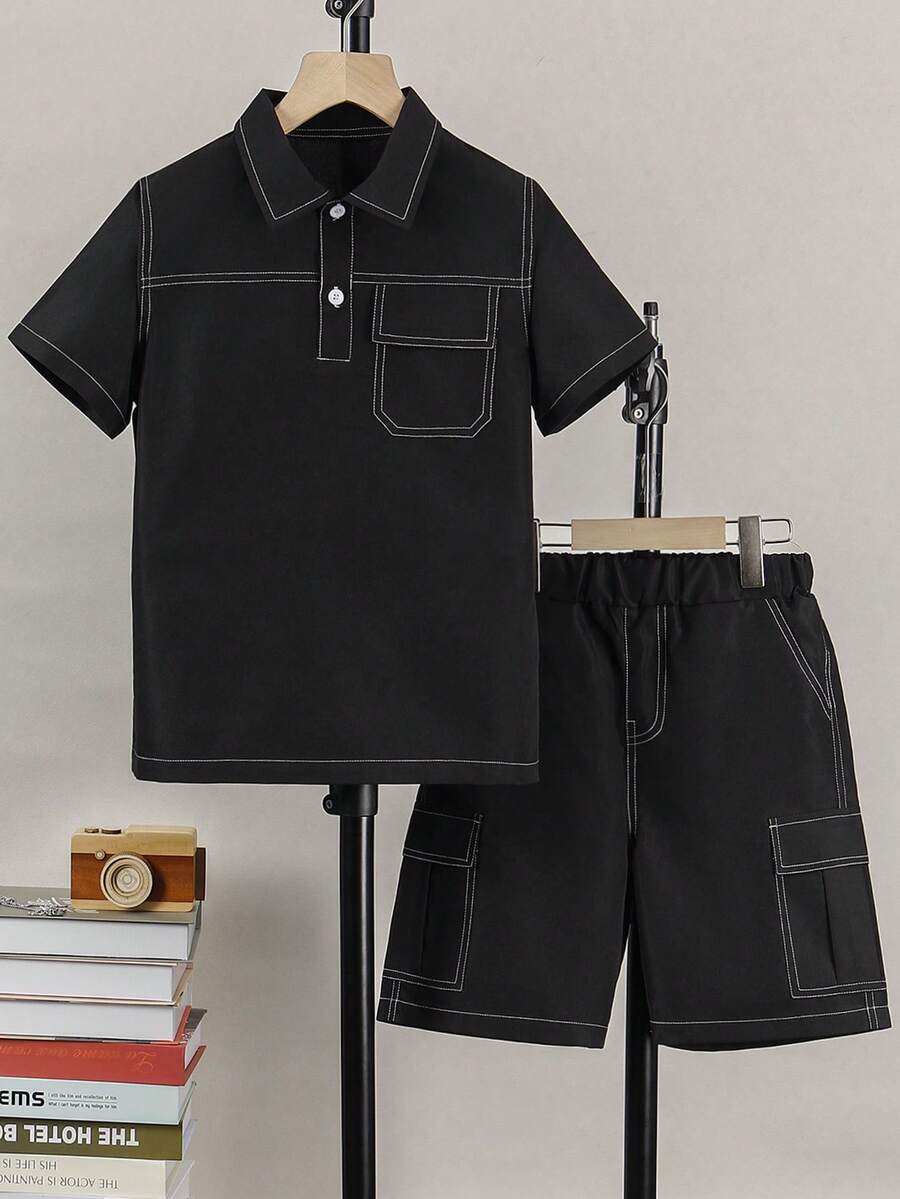 2pcs/Set Boys' Casual Outdoor Summer Cargo Style Style Black Base Striped Polo Shirt And Shorts Set - Black - View 1