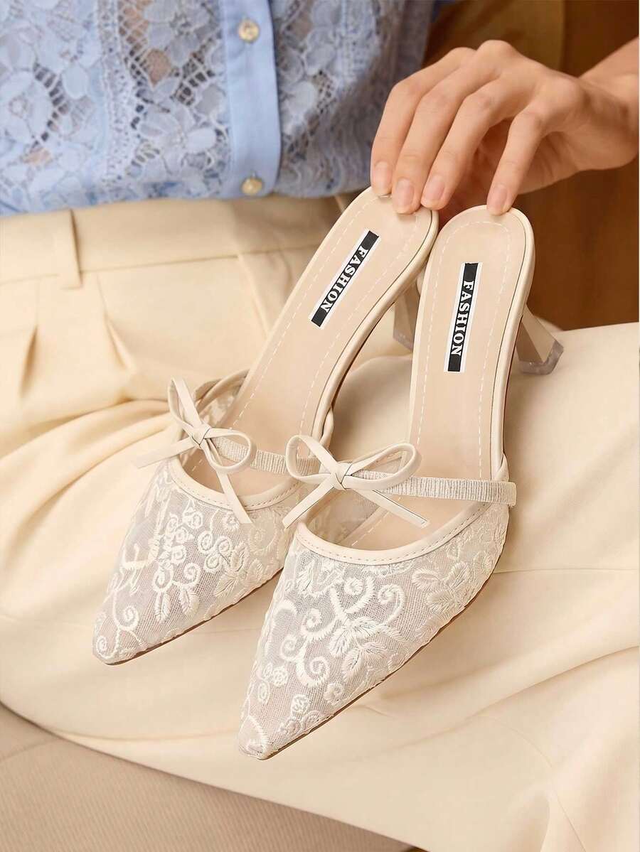 Women's Fashionable Summer Elegant Breathable Mesh Embroidered Stiletto Slip-On Beige Sandals, Suitable For Daily Commute, Dates, Weddings - Màu be - Xem 1