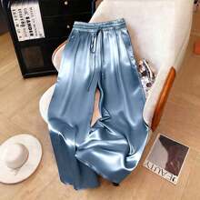 1pc Solid Color Woven Fabric Drawstring Waist Pants, Suitable For Holiday, Back To School, Party, Airport, Stage And Concert Wear, Autumn/Winter With Shiny Finish Spring - Màu xanh bụi bặm - Xem 2