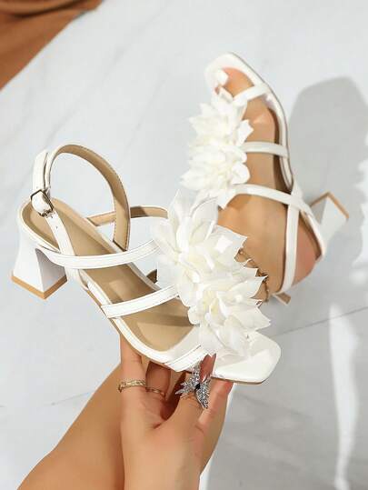 1 Pair Women's Floral Decor High Heel Sandals, Solid Color Beach Buckle Hollow Criss-Cross Heeled Sandals, Suitable For Wedding Party In Summer