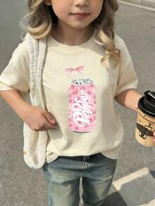1 Pack Girls Casual Printed Crew Neck Short Sleeve T-Shirt Summer Student Youth Clothing - 杏色3 - 查看 2