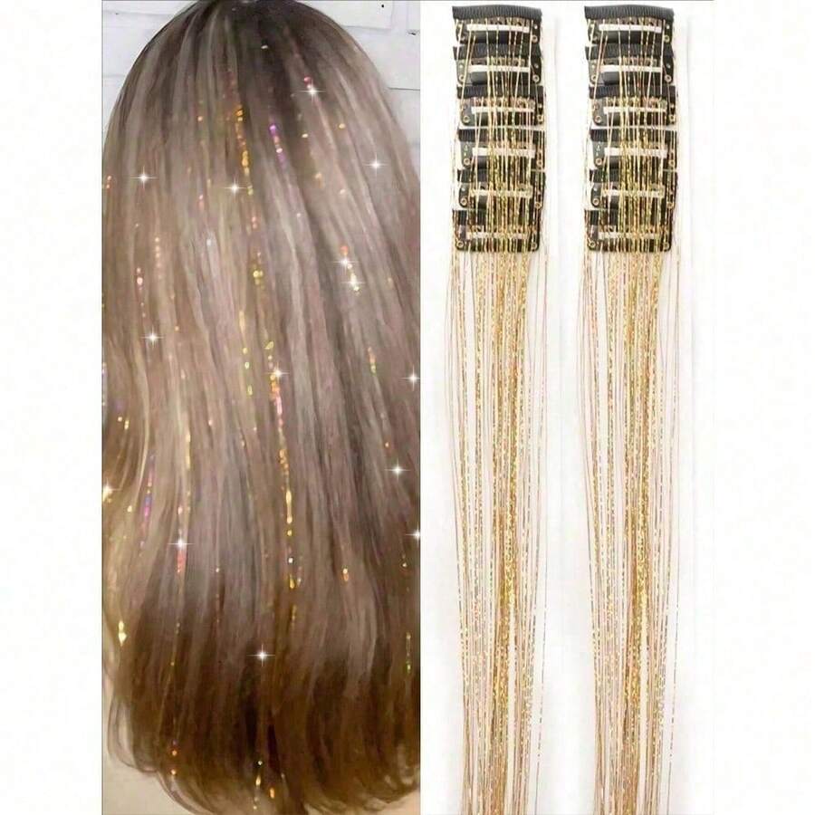 12pcs Women's Fashion Shiny Gold Foil Tassel Hair Clips, Ribbons, Straight Hair Extensions, Suitable For Daily Wear, Balls, Parties, Hair Accessories, Head Accessories, Hair Accessories For Women, Hair Piece, Hairpin - 多色-2 - 查看 1