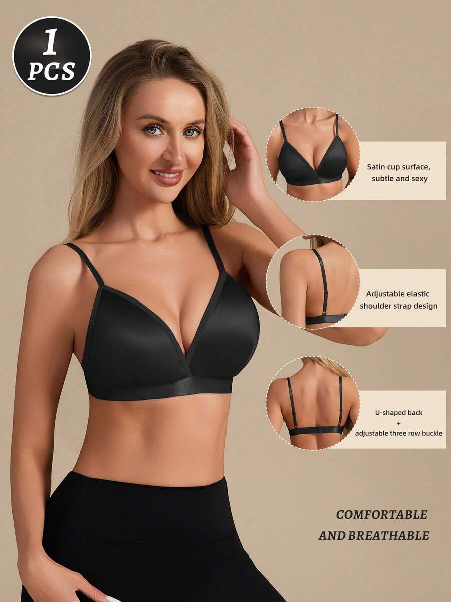 1pc Women's Summer French Triangle Cup Silk Wireless Bra, Removable Pads, Adjustable Straps, Casual Minimalist, Versatile Solid Deep V Bra - Black - View 1