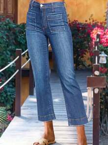Women's Casual Washed Elastic Straight-Leg Jeans, Spring/Autumn - 中藍色 - 查看 5
