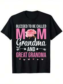 [Soft Cotton T-Shirt] Super Soft Cotton  To Be Called Mom Grandma Great Grandma T-Shirt |   Black With Pink Floral & Heart Design, Casual Short Sleeve Top For Mother's Day, Easter, Valentine's Gift For Women - Black - View 9