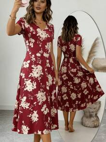 Vestido bohemio con estampado floral nuevo para mujeres 2026, adecuado para uso casual, vacaciones, playa, fiesta, primavera/verano/otoño - Rojo - Ver 3