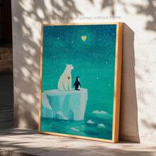 A Polar Bear And Penguin Art Print, A Whimsical Winter Painting, Lovely Animal Friendship Wall Decor, Blue Night Sky Christmas Home Decoration, Nursery Wall Art. - Multicolor - View 9