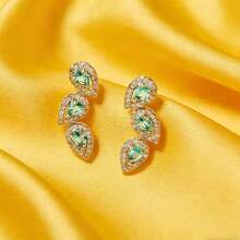 1 par de pendientes de botón con forma de lágrima con micro-incrustación de cobre y circonita cúbica con incrustación de lágrima verde, adecuado para uso diario de mujeres - Dorado - Ver 2
