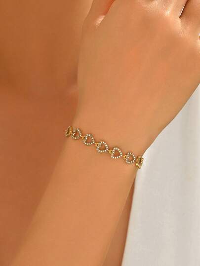 1 pieza Pulsera de mujer de acero inoxidable color oro con zirconia en forma de corazón, joyería de moda chapada en oro de 18K