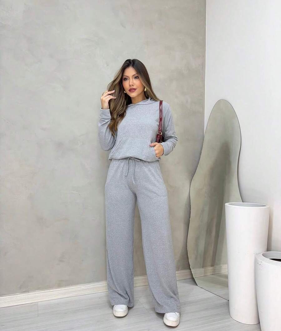 Women's Long Lanzinha Set With Hood And Loose-Fit Pants - Premium Comfort Fashion - 淺灰色 - 查看 1