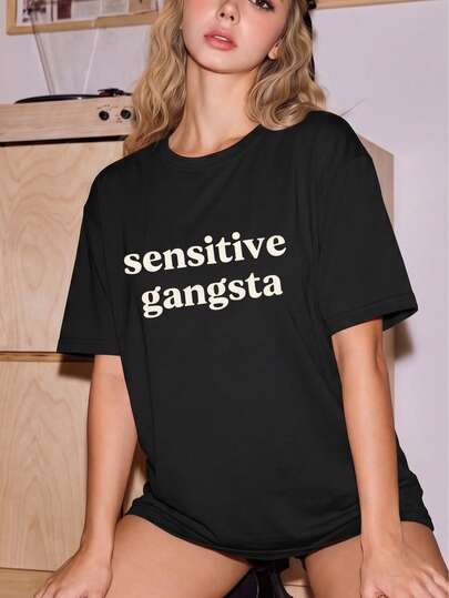 Áo thun in hình 1 chiếc dành cho nữ, kiểu dáng 'Sensitive Gangsta', thích hợp mặc đi sinh nhật, đi nghỉ mát, mặc đồ ngủ mùa hè, đồ mặc nhà, váy ngủ, bộ đồ ngủ nữ.