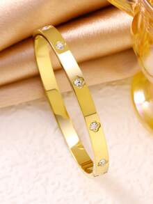 Vòng tay hình cỏ ba lá may mắn bằng thép không gỉ mạ vàng 18K đính đá Zirconia, món quà thanh lịch dành tặng người yêu nhân ngày Valentine hoặc Ngày của Mẹ. - Kiểu 2 - Xem 3