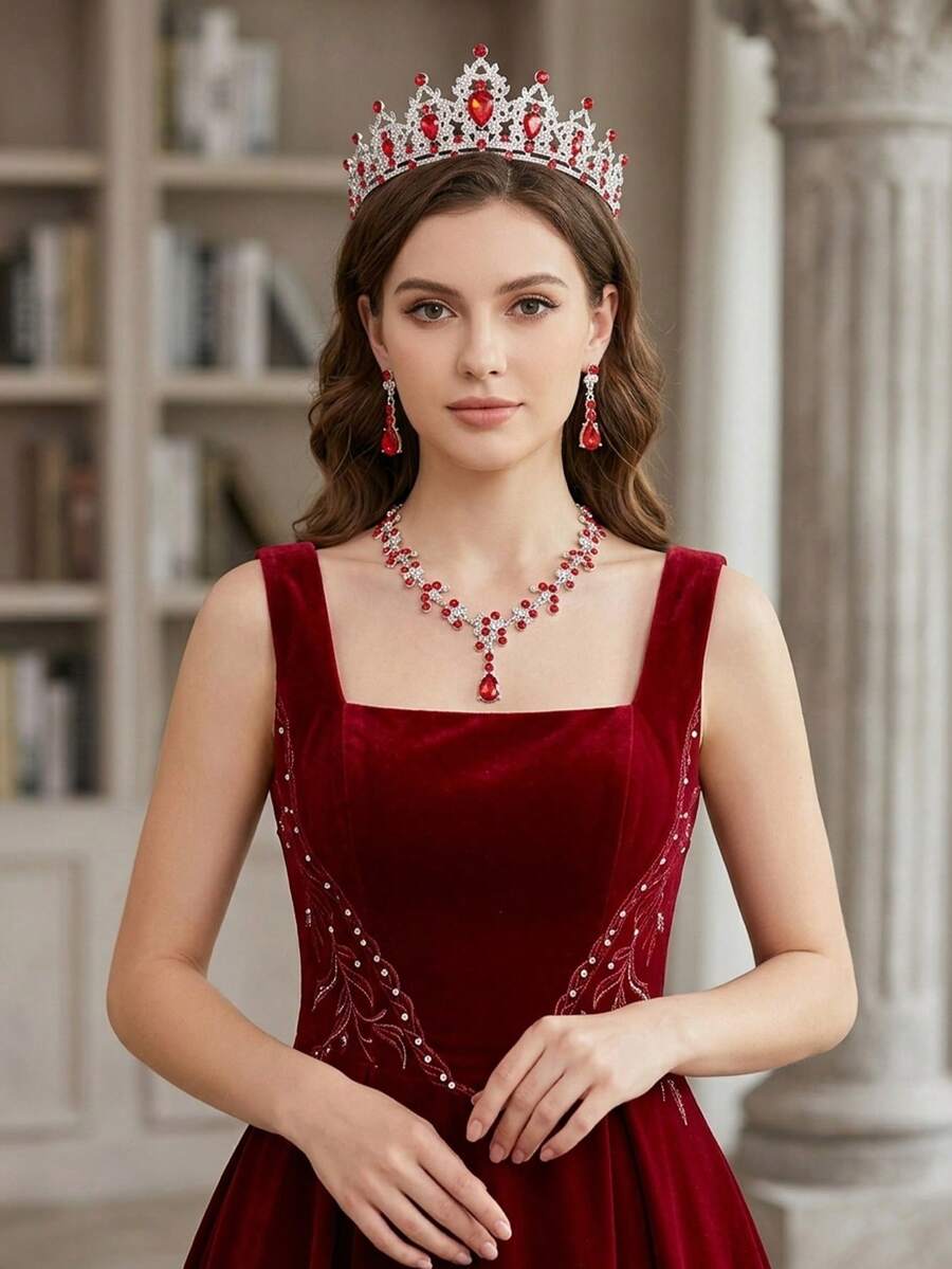 4件套欧美新娘红色水晶皇冠项链耳环头饰套装，巴洛克风格，适合舞会、派对、生日、婚礼等场合。