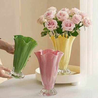 1pc Luxury High-End Petal Glass Vase, Ins Style Decorative Flower Holder Suitable For Living Room Fresh Flowers, Dining Table Decor, French Vase