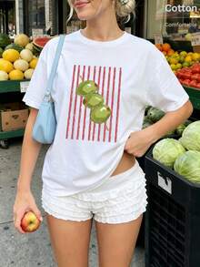Spring/Summer Oversized Top, 100% Cotton, Women's Short-Sleeve T-Shirt, Fun Striped Olive Pattern, Round Neck, Soft And Comfortable, Casual Wear, Streetwear, Y2K, Beach, Graduation, Vacation Top, White Top - White - View 9