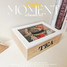 1 pieza Caja de té de madera, disponible en múltiples tamaños, caja de almacenamiento con compartimento para bolsitas de té, contenedor multiusos para bolsas de café con tapa transparente abatible, caja de almacenamiento para bolsitas de té y hojas de té con 6 compartimentos, organizador de bolsas de café, snacks y té, contenedor de almacenamiento de dulces, decoración del hogar creativa, caja de almacenamiento de madera con tapa de vidrio transparente, negro/blanco - 6 cuadrículas - Ver 2