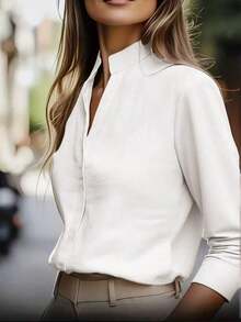 de unicolor de estilo europeo y americano de , diseño de cuello de satén, blusa elegante de manga larga y ajuste ceñido para primavera - Blanco - Ver 2