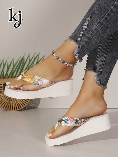 Women's Wedge Thick Bottom Sandals, Non-Slip Increased Height Soft Bottom Satin Floral Print Thong Wedge Flip Flops, European And American Resort Style, Suitable For Summer Beach, Walking, Daily Wear, Pool, White
