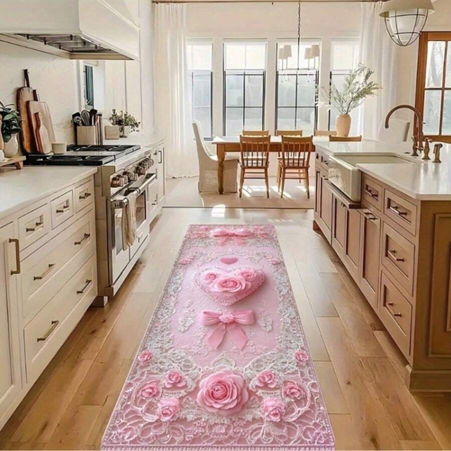 Open-1pc Love Rose Bow Pattern Long Rug Series, Multi-Color Background Indoor Entrance Mat, Bedroom Bedside Rug, Kitchen Rug, Soft Thickened Bathroom Rug, Sponge Rug, Cushioning And Anti-Slip, Washable Runner Rug For Hallway, Suitable For Corridor Entry, Living Room, Kitchen, Laundry Room, Bathroom