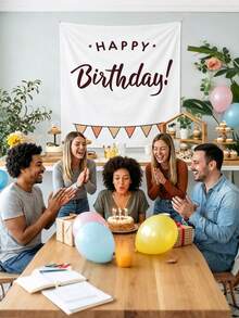 1件生日快乐背景布，派对装饰背景布，波西米亚乡村风格照片宣传标志，带挂绳，适合生日派对室内外庭院墙面装饰。 - 多色 - 查看 4