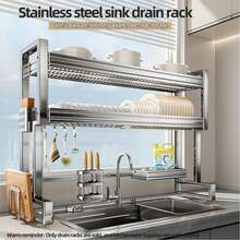 Stainless Steel Double-Deck Kitchen Sink Organizer Rack, Multifunctional Dish Drying Holder, Bowl & Plate Storage - Stainless Steel - View 8