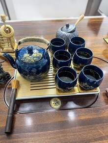 黑色陶瓷茶具套組含杯子，適合成人、茶愛好者/女性/男性，完美適用於日常使用、辦公室或節日款待朋友，送給朋友、家人或愛人的禮物（金色鄉村風） - 藍色 - 查看 5