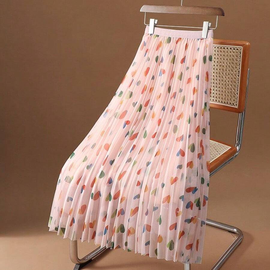 LuminousWealth Women's Charming Long A-Line Pleated Skirt In Pink, Decorated With Multi-Color Hearts, Suitable For Casual Wear Spring - Pink - View 1
