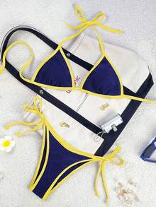 Traje de baño para mujer Swim Mod 2026 Primavera/Verano, con tirantes finos y cuello halter, en azul marino y amarillo en contraste, conjunto de bikini con lazo lateral para vacaciones. - Rosa - Ver 9
