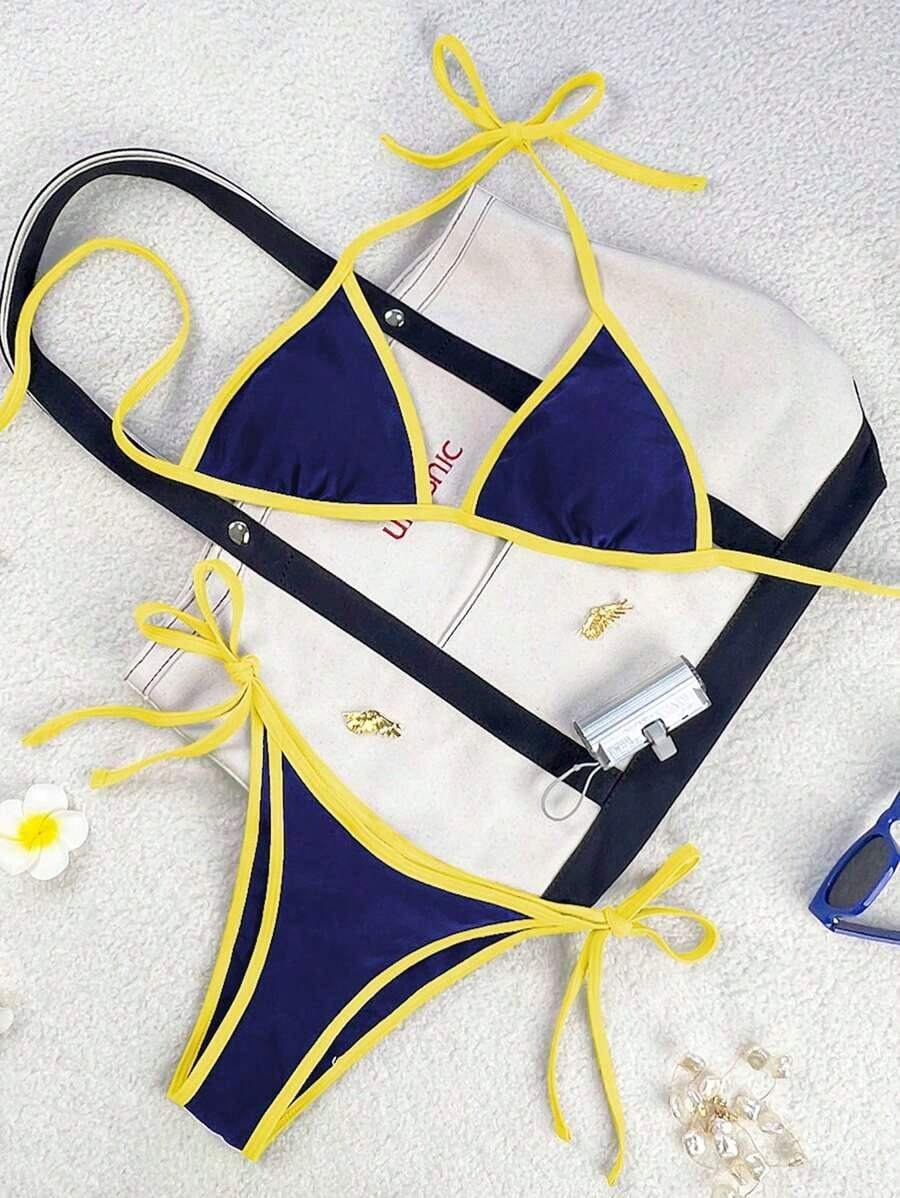 Traje de baño para mujer Swim Mod 2026 Primavera/Verano, con tirantes finos y cuello halter, en azul marino y amarillo en contraste, conjunto de bikini con lazo lateral para vacaciones. - Multicolor 4 - Ver 1