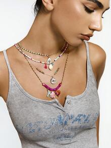 Kryxie Set Kalung Multilayer 4 Buah Liontin Bohemian Bentuk Hati, Tetesan Air Mata, Cakram Bulat, Cangkang, dan Penyu Laut, Kalung Tali Kepang Warna-warni Cocok untuk Wanita Saat Liburan & Pesta - MultiWarna - View 2
