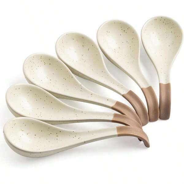 6 piezas Cucharas asiáticas para sopa, Juego de cucharas para sopa de cocina japonesa, Cucharas de mesa para cena con mango largo para cereal, ramen, apto para lavavajillas y microondas, decoración rústica, blanco y marrón