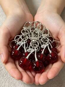 New Shiny Faux Cherry Keychain, Fashionable Delicate 3D Fruit Bag Charm, Phone Lanyard And Car Key Chain - Burgundy - View 1