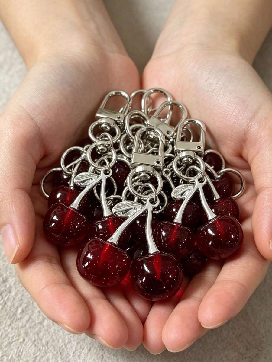 New Shiny Faux Cherry Keychain, Fashionable Delicate 3D Fruit Bag Charm, Phone Lanyard And Car Key Chain - Burgundy - View 1