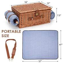 Cesta de picnic para 4 cestas de picnic aisladas con correa para el hombro cesta de picnic con manta impermeable cesta de mimbre hecha a mano para exteriores gran regalo para Acción de Gracias - Azul y Blanco a cuadros - Ver 6