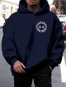 Men's Personal Trainer Hoodie, Bodybuilding Instructor Style, Streetwear Style. - 藏蓝色 - 查看 2