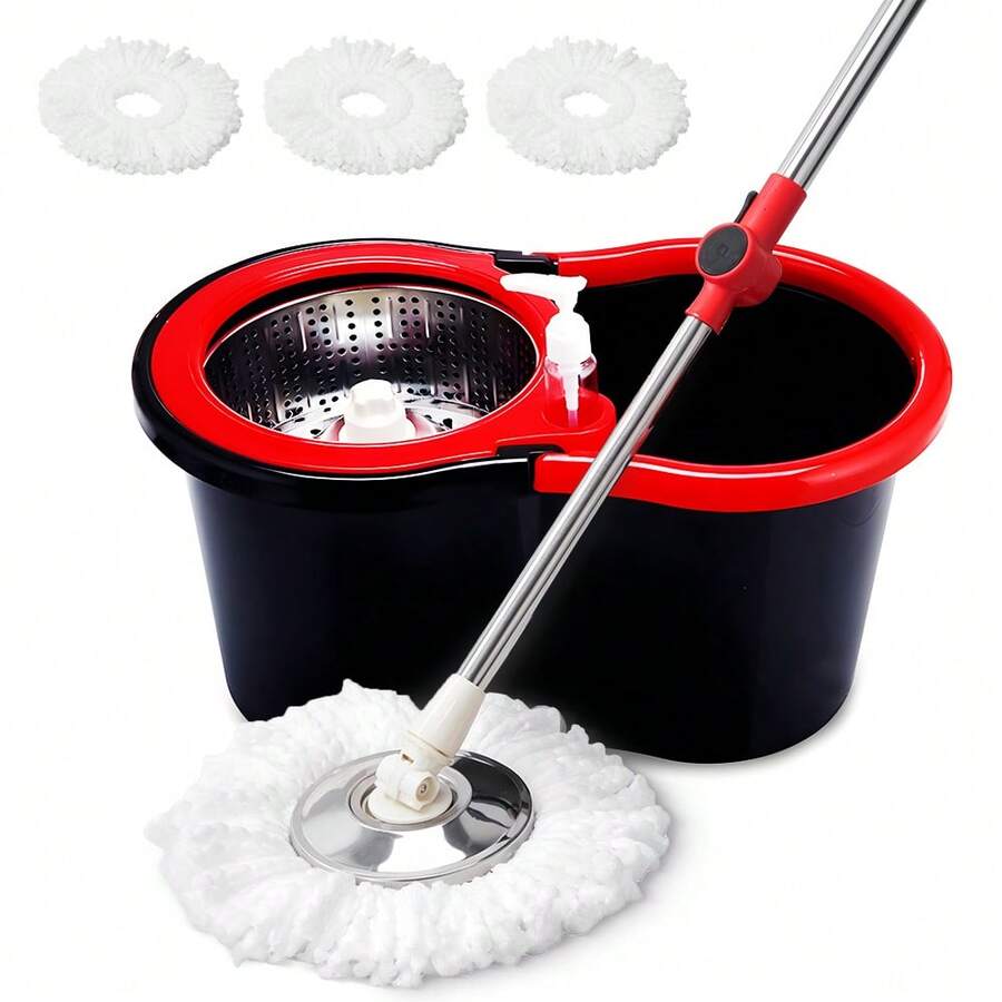 Set Of Spin Mop And Bucket With Wringer, Ideal For Bathroom Use, Including A 360° Spinning Mop Bucket System With Three Microfiber Mop Replacement Heads And A 61" Adjustable Stainless Steel Handle For Effective Floor Cleaning - 黑色升級 - 查看 1