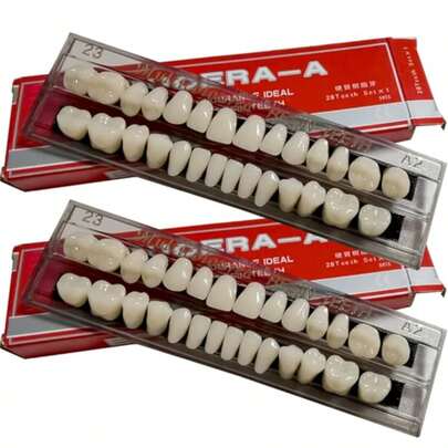 1pc Full Mouth Resin Denture Prop, Full Mouth Synthetic Polymer Denture, 23 Shades Of A2 Tone Upper And Lower Jaw Dental Material For Replacement, DIY Or Halloween Makeup Prop