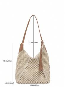 Túi đeo vai bằng rơm hai tông màu phong cách Boho mới về, túi xách đi biển thường ngày có tua rua. - trắng - Xem 2