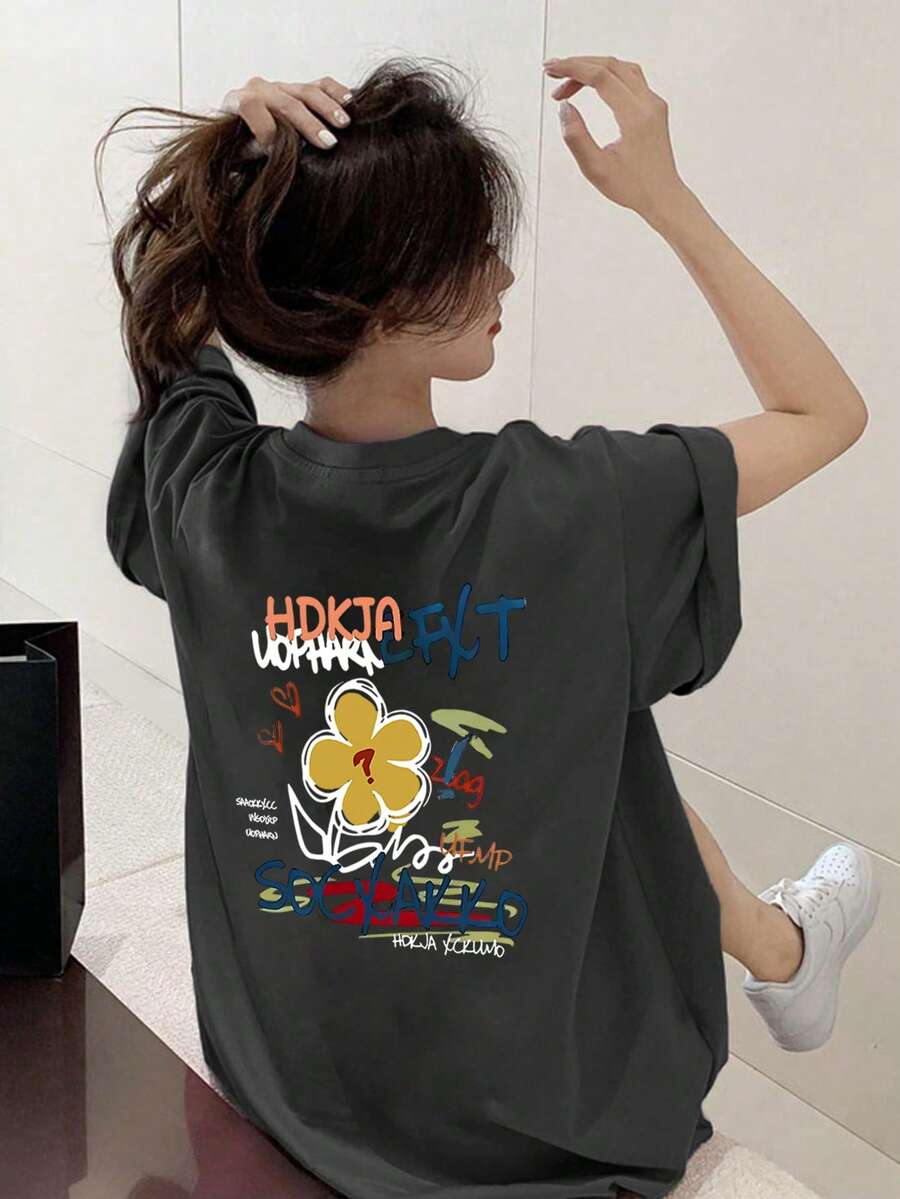 Women's Casual Loose Fit Round Neck Cartoon Print Short Sleeve T-Shirt, Versatile For Spring/Summer Vacation - Dark Grey - View 1