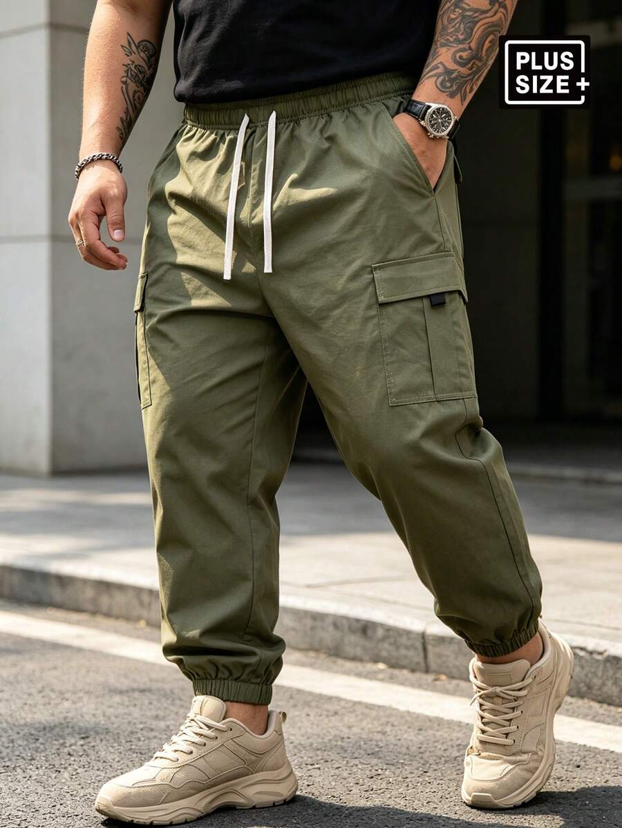 Plus Size Men's Loose Casual Pants, Made Of Comfortable Soft Slightly Stretchy Fabric, Straight Leg Design, Suitable For Work, Business Meetings, Shopping Dates, Leisure Activities And Daily Outings, Great Gift For Husband Or Boyfriend Sports - Army Green - View 1