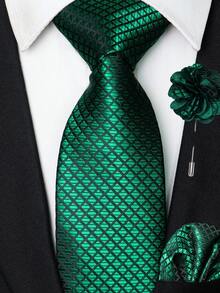 1/2/3/4/5pcs Men's Green Plaid Polyester Tie, Pocket Square, Silver Tie Clip, Cufflinks And Lapel Pin Combination Set, For Workplace, Business, Meetings, Weddings - Green - View 13